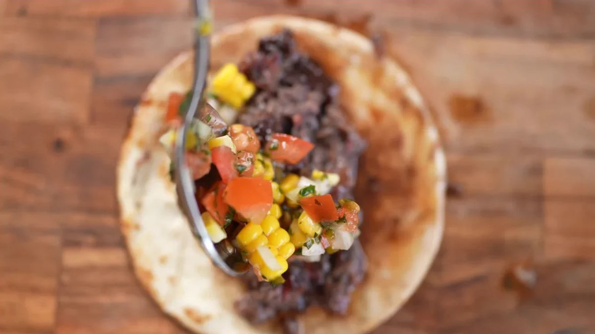 Ready to serve. Beef cheek taco prepared by Adriano with Mexicana seasoning
