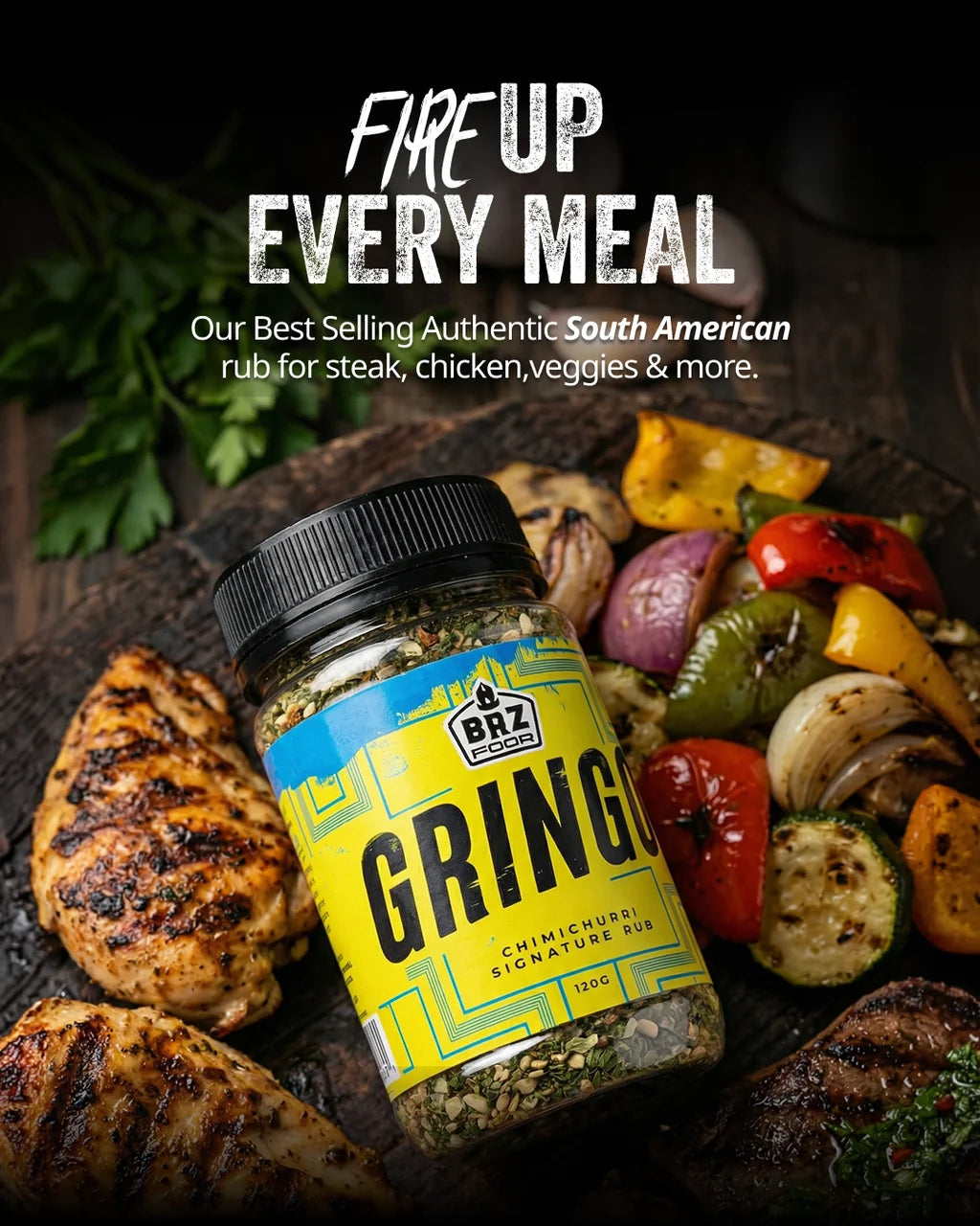 BRZ Food Gringo Chimichurri Signature Rub paired with grilled chicken, steak and roasted vegetables on a barbecue platter.