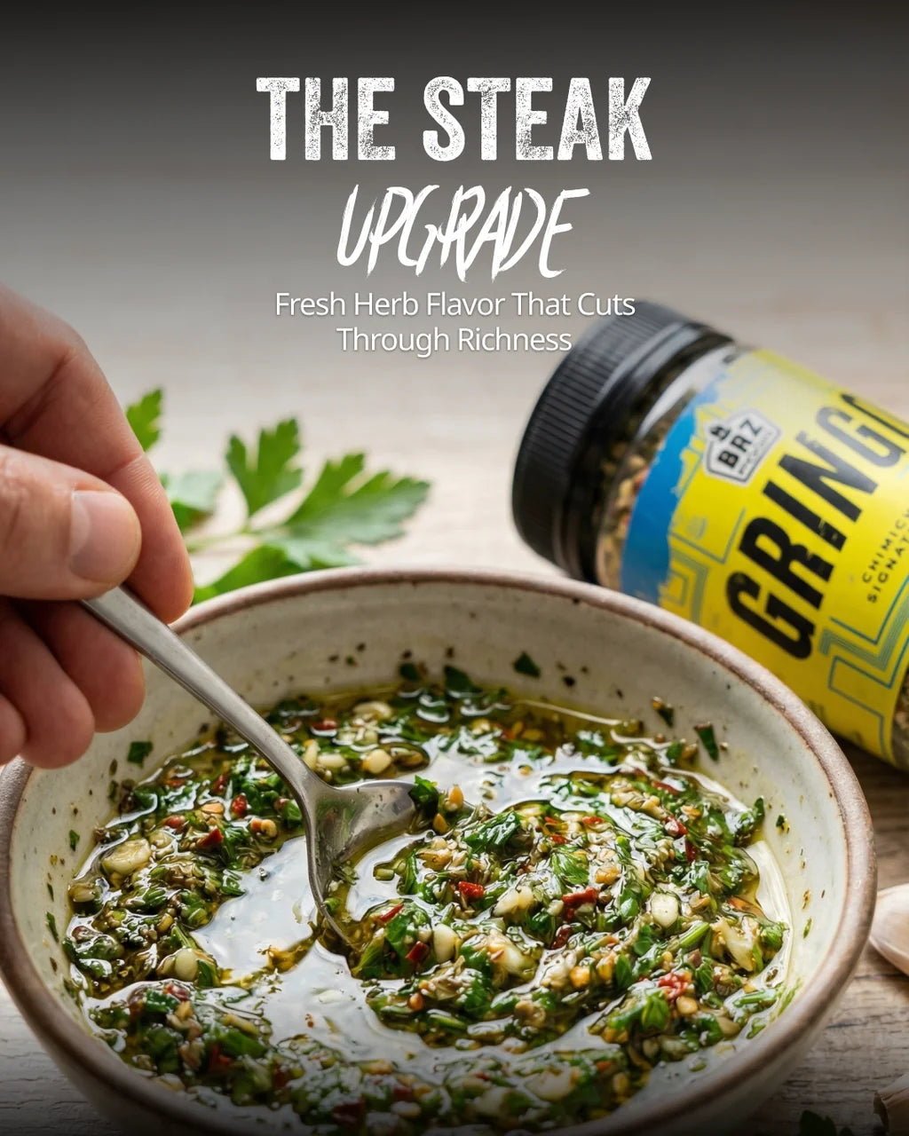 Fresh homemade chimichurri sauce prepared using BRZ Food Gringo Chimichurri Signature Rub with parsley, garlic and olive oil.