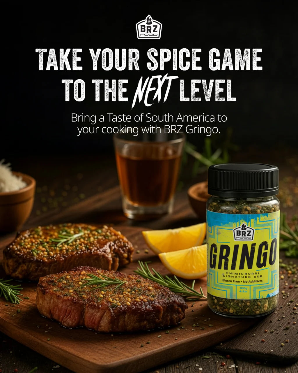 BRZ Food Gringo Chimichurri Signature Rub served with grilled steaks, fresh herbs and citrus wedges on a wooden serving board.