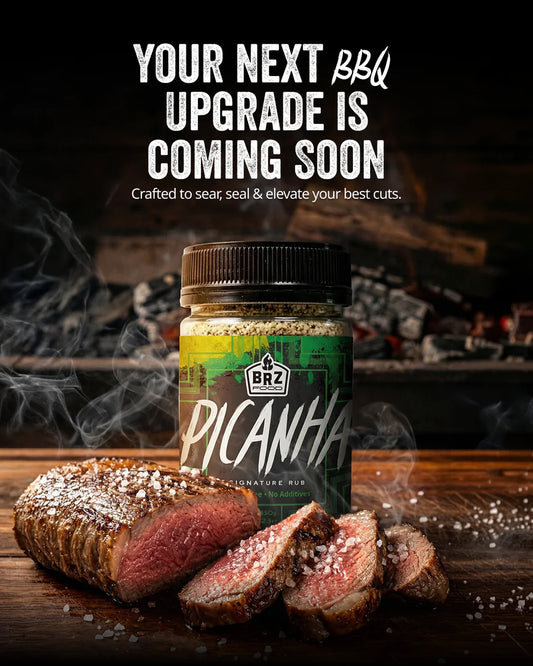 BRZ Food Picanha Seasoning beside perfectly cooked sliced picanha steak with a rich crust and juicy centre on a wooden board. - Secondary view