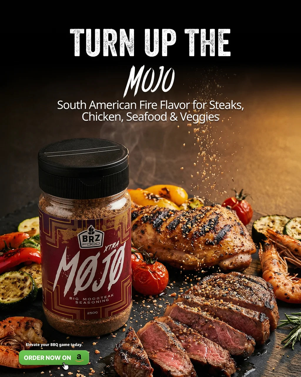 BRZ Food Xtra Mojo Steak Seasoning with seasoning cascading from the container representing bold flavour and even coverage.
