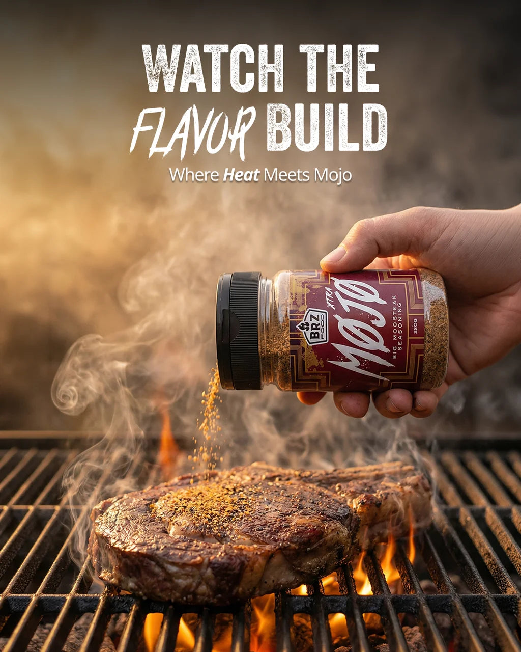 BRZ Food Xtra Mojo Steak Seasoning surrounded by flames showcasing its bold South American inspired flavour profile.