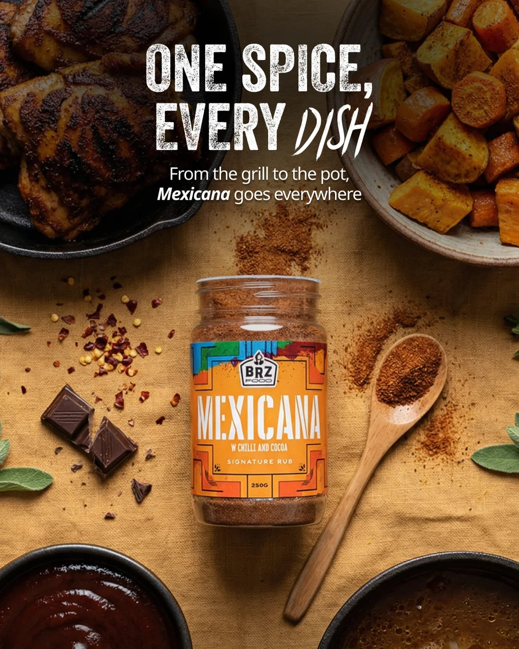 BRZ Food Mexicana Mexican Seasoning Rub served alongside grilled chicken, roasted vegetables and barbecue sauce demonstrating its versatility.