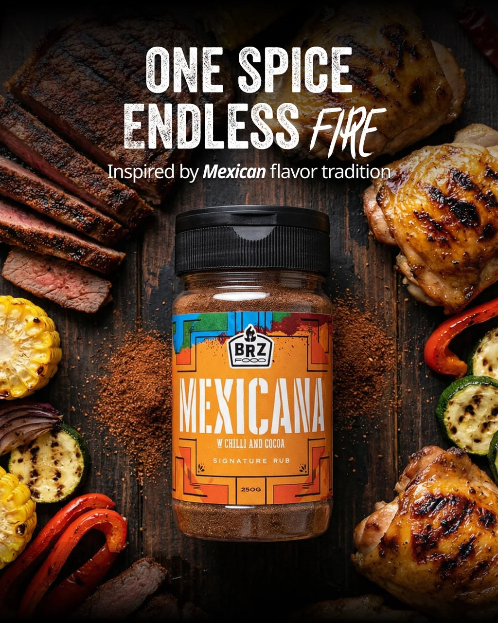 BRZ Food Mexicana Mexican Seasoning Rub surrounded by flames and seasoning blend representing bold Mexican inspired barbecue flavour.