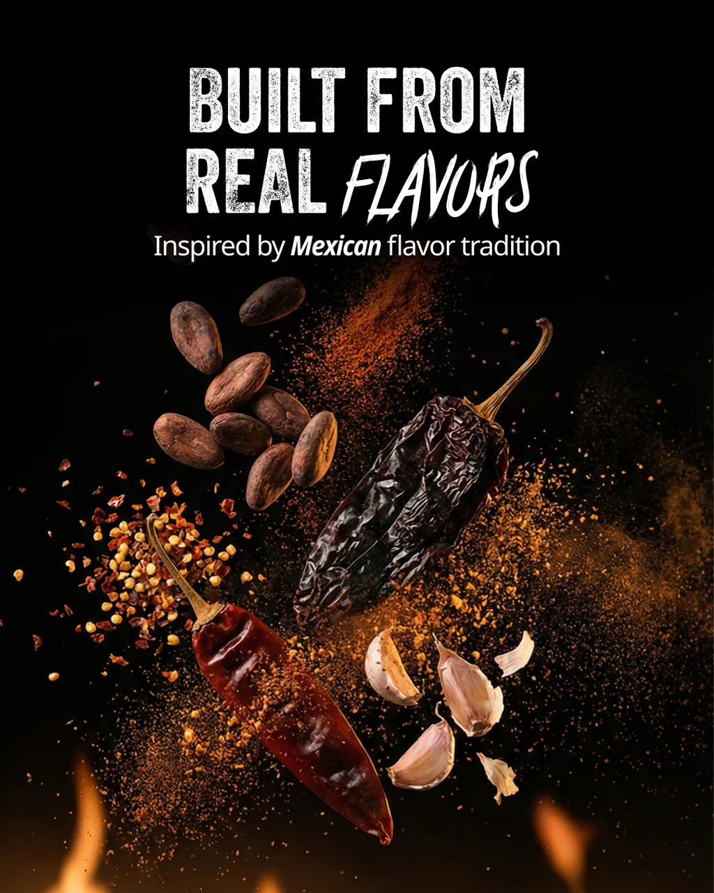 BRZ Food Mexicana Mexican Seasoning Rub surrounded by dried chillies, cocoa beans, garlic, herbs and spices highlighting its unique chilli and cocoa flavour profile.