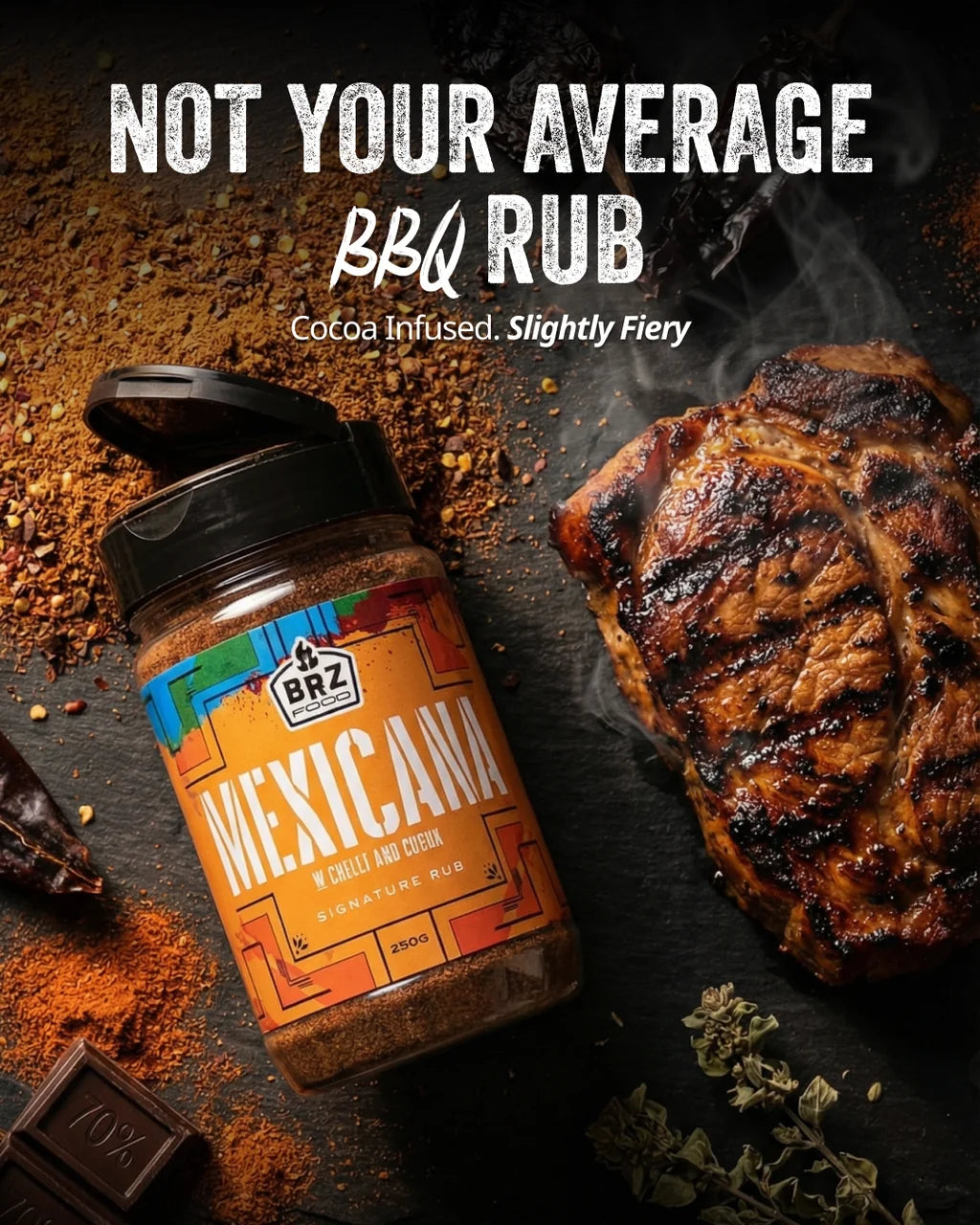 BRZ Food Mexicana Mexican Seasoning Rub beside grilled steak highlighting its rich cocoa infused flavour and balanced chilli heat.