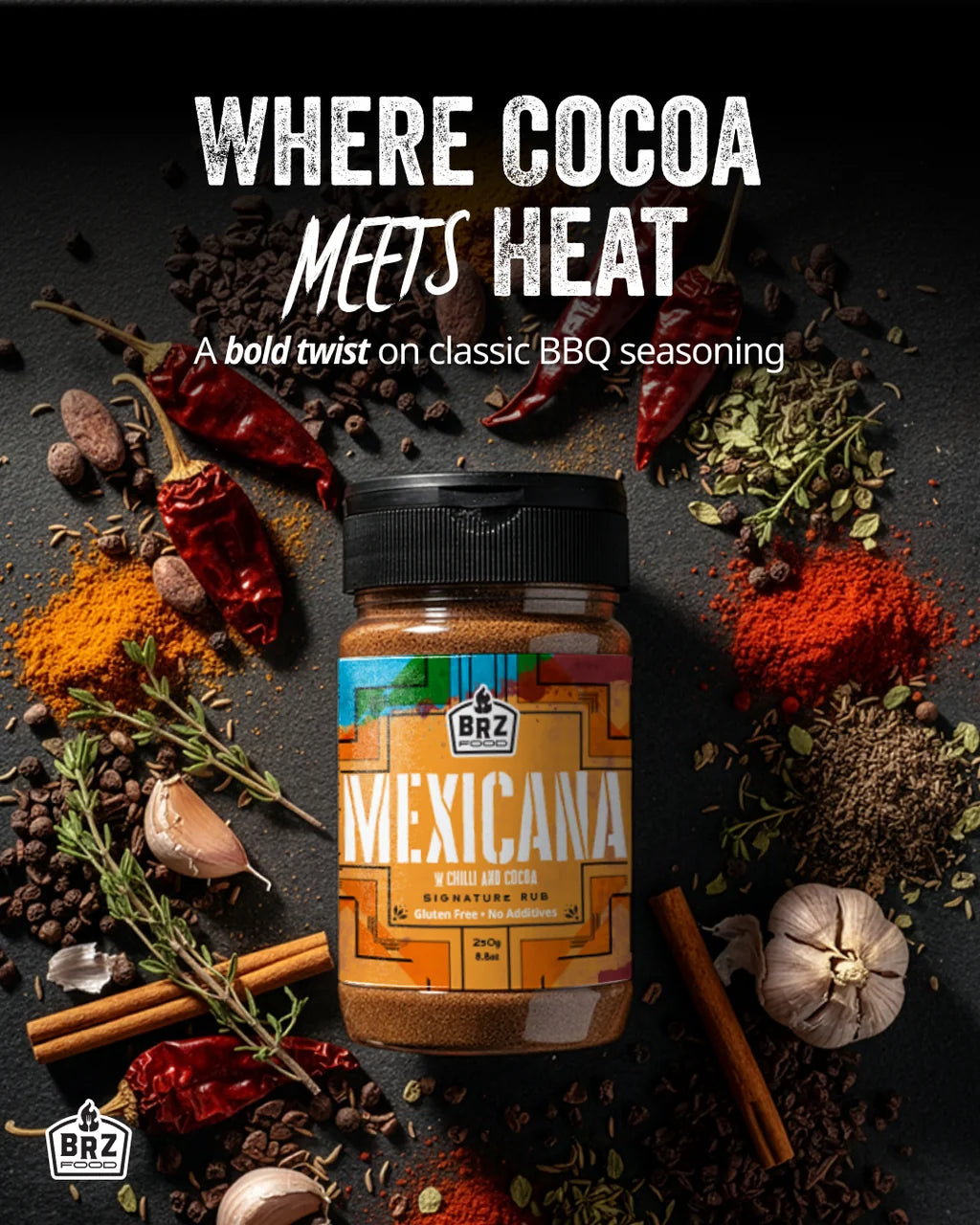 BRZ Food Mexicana Mexican Seasoning Rub being sprinkled over grilled chicken on a cast iron grill to create bold Mexican inspired flavour.