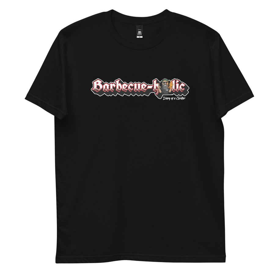 Front of the black tee laid flat, Barbecue-holic set in a wide red and white banner across the chest