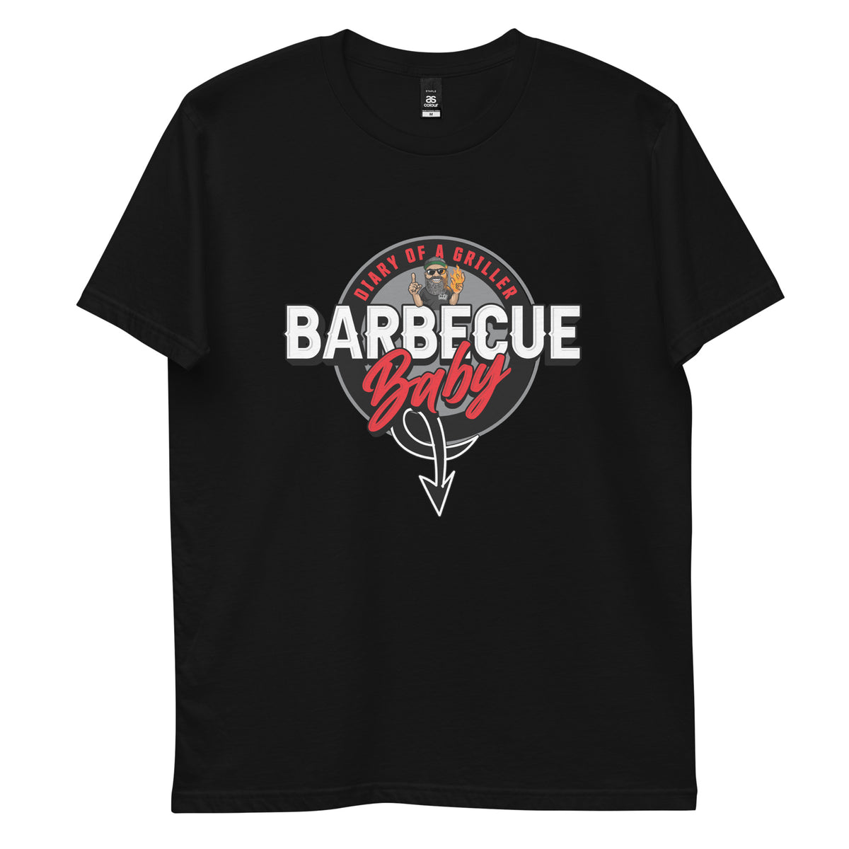 Front of the black tee laid flat, BARBECUE in white block capitals over Baby in red script, inside a skewer shaped badge