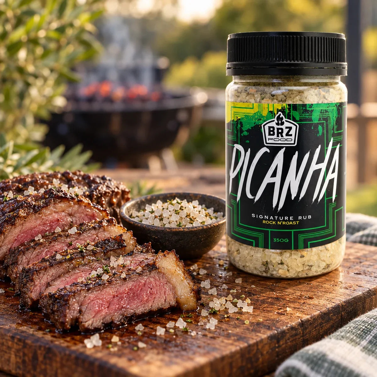 The pairing. Styled scene of the official Picanha rock salt seasoning jar beside sliced rump cap on a barbecue board